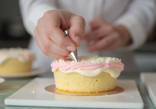 デコレーションケーキにクリームを絞るパティシエの手元